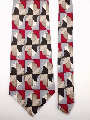 Valentino Mens Necktie 100% Silk Tie Maroon Red Gray Black Ivory Beige Geometric - Image 1 of 4