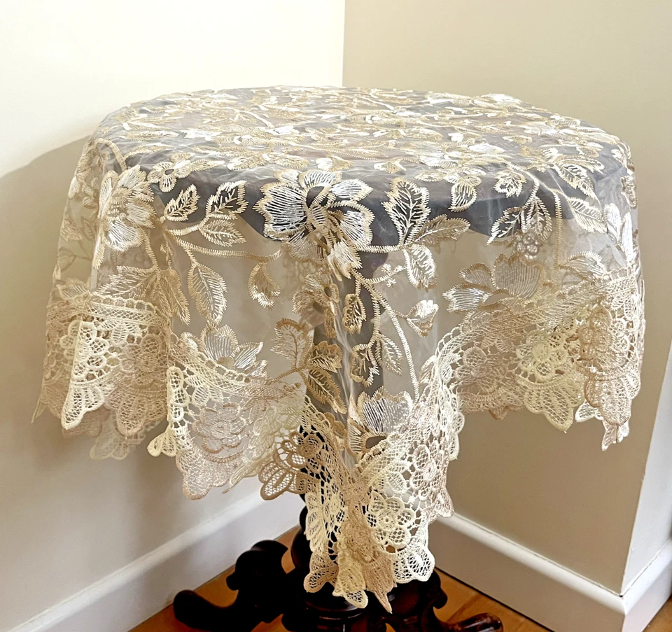 Medium 90cm Square Tablecloth, Lace Table Cloth Floral Embroidery Doily - Image 1 of 4