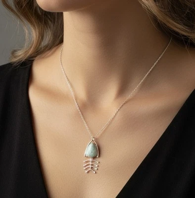 Larimore Pez Chapado en Plata 925 18” Ajustable Collar Náutico Pez Azul Esqueleto Foto 1 de 4