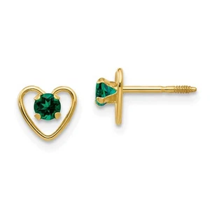 14k Yellow Gold 3mm Lab Created Emerald Birthstone Heart Stud Earrings 0.38gm - Picture 1 of 5