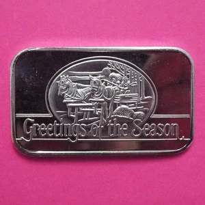 1986 Christmas "GREETINGS OF THE SEASON" One Troy Ounce Silver Art Bar - Picture 1 of 12