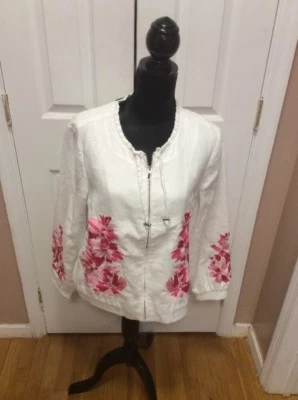 New INC Woman's Embroidered Linen Jacket. White w Pink Embroidery Size PXL $159. - Image 1 of 4