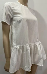 ZARA White Cotton Round Neck Short Sleeve Pleated Hemline Blouse Shirt Top XS - Picture 1 of 7