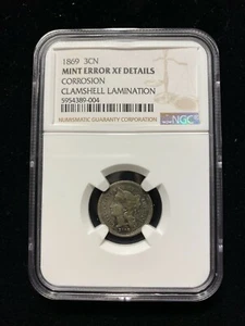 1869 3 Cent Nickel US Mint Error NGC XF Details 3c Clamshell Lamination - Picture 1 of 5