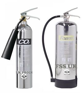 DESIGNER CHROME Fire extinguisher set 2kg CO2+6ltr  Foam Home Office Workplace 
