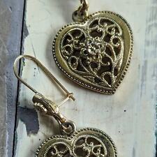Beautiful Vintage Gold Filigree Heart Hook Dangle Earrings