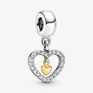 New 100% Genuine Pandora 14K Two Tone Forever In My Heart Dangle Charm 791421CZ - Picture 1 of 5