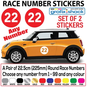 RACE NUMBER STICKERS 2x 225mm ROUND SHAPE FOR CAR DOORS BONNET BOOT WINDSCREEN - Picture 1 of 2