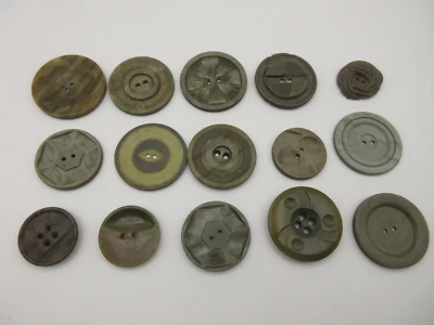 Lot of 15 Vtg Button 1960s Plastic Jade Green Carved 3/4" to 1 1/4" 2-hole Flat - Image 1 of 4