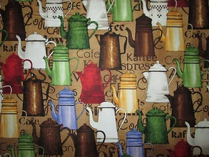 RETRO COFFEE POTS VINTAGE TEA EXPRESSO COLORS COTTON FABRIC FQ - Picture 1 of 9