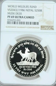 1986 NEPAL SILVER 250 RUPEES MUSK DEER NGC PF 69 ULTRA CAMEO SCARCE BEAUTY - Picture 1 of 4