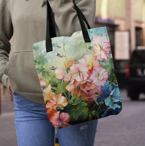 Sweet Pea Flowers Tote Bag, Floral Reusable Shopping Bag, Chic Market Tote Gift - Picture 1 of 6