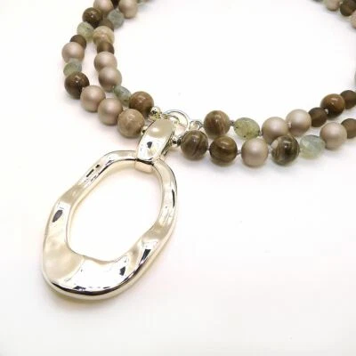Simon Sebbag Camouflage Taupe Gray Pearl Sterling Silver Necklace Oval Pendant P - Image 1 of 4