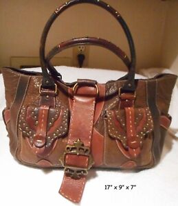 Vtg. BETSEY JOHNSON Elaborate Multi-Brown Leather Tote, Satchel w/Brass Fittings