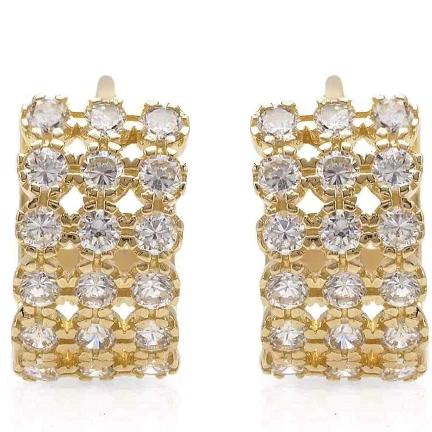 1Ct White Stone 14K Yellow Gold 3 Row Huggie Hoop Earrings 0.5" - Image 1 of 4