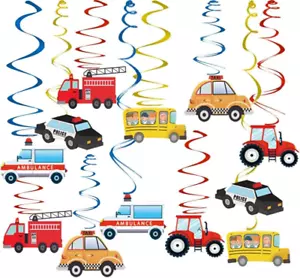 Transportation Party Hanging Swirl Decorations - 30Ct Cars Theme Happy Birthday - Picture 1 of 7