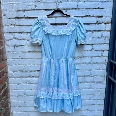 Vintage Coquette Light Blue Midi Babydoll Dress with Lace Trim / Size 14 - Image 1 of 4