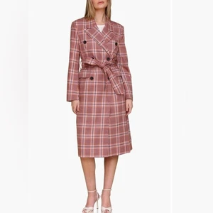 Avec Les Filles Women Multicolor Red Plaid Belted Double Breasted Trench Coat M - Picture 1 of 13