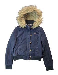 Hollister Y2K Navy Blue Faux Fur Trim Hooded Zip Cropped Jacket Womens Large L - Picture 1 of 7