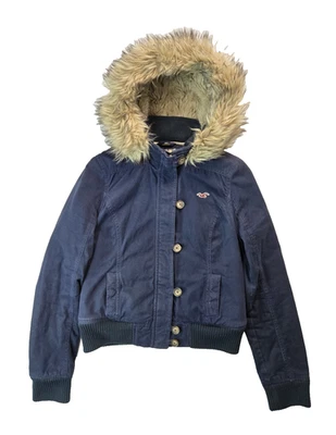 Chaqueta corta Hollister Y2K azul marino ribete de piel sintética con capucha cremallera para mujer grande L Foto 1 de 4