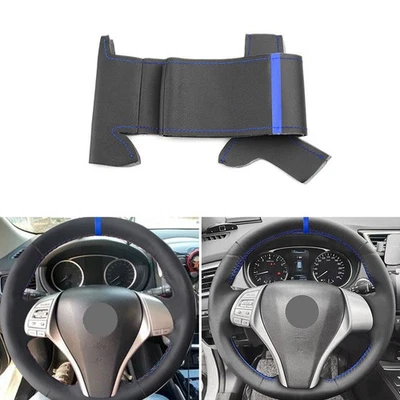 Hágalo usted mismo Cubierta de volante de cuero negro + azul para Nissan X-Trail Qashqai 2014-2017 Foto 1 de 4