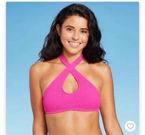Wild Fable Women's Cross Front Pucker Textured Halter Bikini Top Pink Size XS - Picture 1 of 4