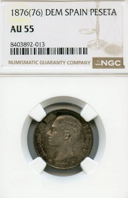 SPAIN 1 PESETA SILVER 1876 (76) DE-M AU-55 NGC ALFONSO XII RARE HIGH CAT NICE - Image 1 of 2