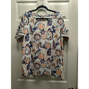 T-shirt Chico's taglia XL (3) blu pesca righe floreali bateau collo barca cotone slub - Foto 1 di 9