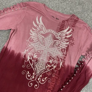Vintage Affliction Top Shirt Damen M Y2K Kreuz Engelsflügel Strass offene Ärmel - Bild 1 von 11