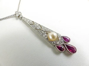 18ct Gold Ruby & Diamond Pendant Platinum Pearl Necklace Edwardian Antique - Picture 1 of 11