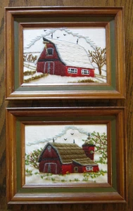 2 Vintage Needlepoint Cross Stitch Framed Red Barn Crossstitch Crewel 7"x9" - Picture 1 of 2
