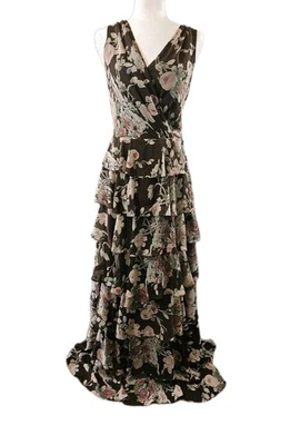 Lauren Ralph Lauren Dress Womens 10 Brown Floral Ruffle Tiered Maxi V-Neck  READ - Image 1 of 4