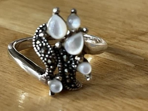 Sterling Silver 925 Marcasite Mother Of Pearl Gemstones Ring , Size N - Picture 1 of 8