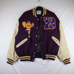 Vintage BSHS Wildcats Varsity Jacke Herren 46 Lila Gold Wolle Leder DeLong 90er - Bild 1 von 24