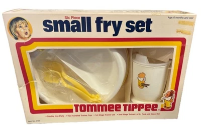 Antigo Tommee Tippee 1979 6 peças conjunto de alimentação para bebês/crianças pequenas conjunto de frituras incl prato quente - Imagem 1 de 4
