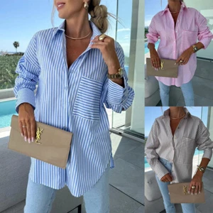 Ladies Striped Blouse Loose Button Up Long Sleeve Casual Tops Shirts Tee SIZE UK - Picture 1 of 12