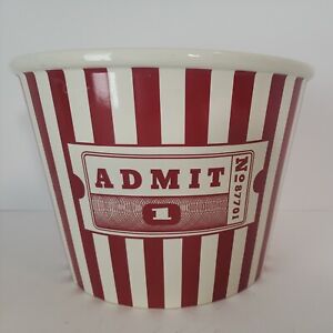 William Sonoma Ceramic Popcorn Bowl Bucket 9.25" Red White Stripe Movie Ticket