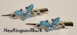 Alligator Hair Clips Rhinestone silver metal small 3" Set of 2 Blue Butterflies - Picture 1 of 3