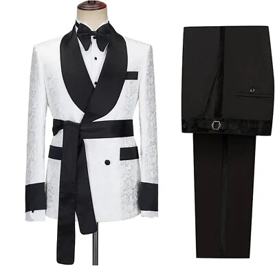 Conjuntos de trajes florales de cachemira para hombre ajustados chaqueta de esmoquin pantalones 2 piezas chal solapa cinturón Foto 1 de 4