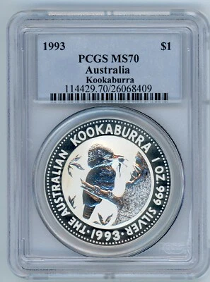 1993 $1 AUSTRALIA KOOKABURRA 1 Oz. SILVER BULLION COIN PCGS MS70 MS-70 !! - Image 1 of 2