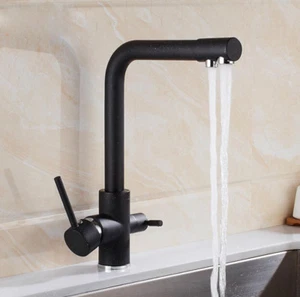 Grifo de fregadero de cocina de montaje en cubierta mezclador frío caliente dos asas boquilla grifo latón negro - Imagen 1 de 6