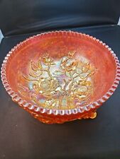 LOVELY ANTIQUE CARNIVAL  MARIGOLD GLASS 3 FOOTED BOWL EMBOSSED ROSES 19 cm Diam