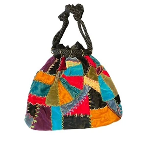 Bolso cubo de terciopelo bohemio colorido con cordón de retazos - Imagen 1 de 6