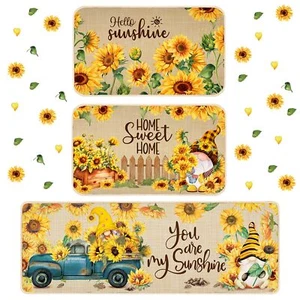 3 Pcs Sunflower Themed Kitchen Rugs Gnomes Rug Retro Non Slip Kitchen Sunflow... - Picture 1 of 6