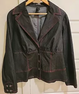 Bisou Bisou Dark Wash Denim Jacket Sz 16W Button Red Contrast Stitch Pleated - Picture 1 of 18