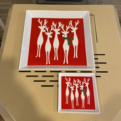 2 Square Reindeer Dessert Party Plate Tray Christmas Crate & Barrel 2008 - Image 1 of 4