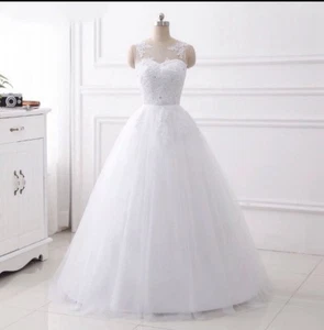 UK White/Ivory Sleeveless A-Line Lace Beaded Wedding Dress Bridal Gown Size 6-16 - Picture 1 of 4