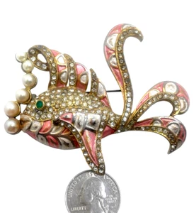 RARA spilla pesce figurativa smaltata vintage, inserto strass, bolle di perle finte! - Foto 1 di 2
