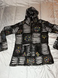 Greater Good Zip Hoodie Small /M Baumwolle Blumen schwarz grau Boho Handmade - Bild 1 von 15