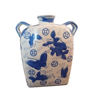 Jarrón Floral Mariposa Azul Blanco Chinoiserie Asiático De Colección Regalo Doble Mango 9.5" - Imagen 1 de 9